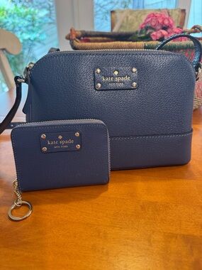Kate Spade blue leather crossbody with matching wallet, NWOT